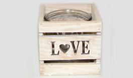 ΞΥΛΙΝΟ ΤΕΤΡΑΓΩΝΟ ΚΗΡΟΠΗΓΙΟ LOVE ΜΕ ΓΥΑΛΑ 12cm x 12cm x 11cm 0619012
